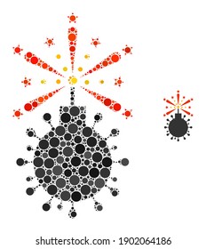 Coronavirus bomb detonator composition of round dots in variable sizes and color hues. Vector round dots are composed into coronavirus bomb detonator illustration.