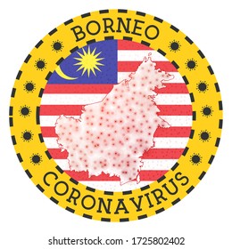 Coronavirus in Borneo sign. Round badge with shape of Borneo. Yellow island lock down emblem with title and virus signs. Vector illustration.