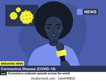 Coronavirus breaking news, young black female reporter holding a microphone