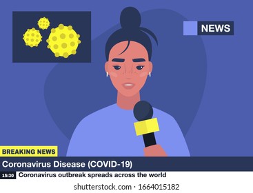 Coronavirus breaking news, young female reporter holding a microphone