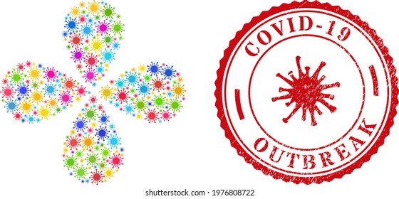 Coronavirus bright curl flower cluster, and red round COVID-19 OUTBREAK textured badge. Coronavirus symbol inside round rubber print.