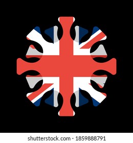 Coronavirus in Britain. Microbe COVID-2019 in British flag. World epidemic. Pandemic. Country in lockdown