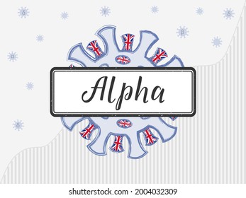 Coronavirus with British flag in spikes. Alpha is handwritten on the sign. WHO Variant name for mutation B.1.1.7. Against a bar chart symbolizing increased incidence of covid-19.