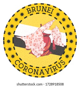 Coronavirus in Brunei sign. Round badge with shape of Brunei. Yellow country lockdown emblem with title and virus signs. Vector illustration.