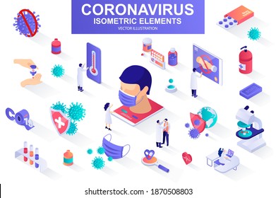 Coronavirus bundle of isometric elements. Drugs, vaccine, patient, safety mask, thermometer, doctor, microscope, coronavirus cell isolated icons. Isometric vector illustration with people characters.