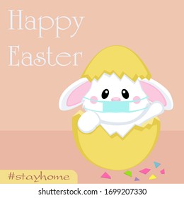 coronavirus bunny with medical mask. CORONAVIRUS EASTER RABBIT. Easter bunny with easter egg isolated on blue background.