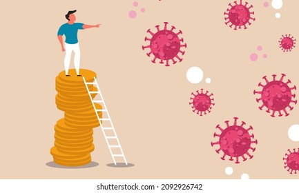 Coronavirus business opportunities and financial future. A man stands on coins and looks at the virus. People vision win with a financial plan in times of crisis. Investment motivation for business