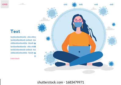 Coronavirus. Business woman working from home wearing protective mask. Vector illustration. Business woman in quarantine for coronavirus wearing protective mask. Working from home. 