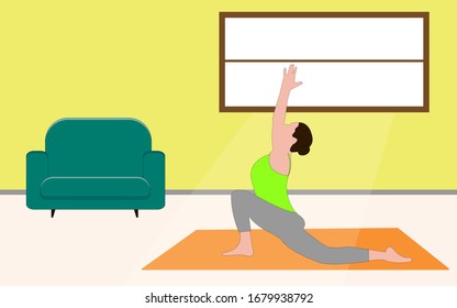 Coronavirus hace campaña para quedarse en casa. Yoga o actividad que puedes hacer en casa para mantenerte sano. Mujer meditando en casa. Quédate en casa y cosas que hacer en autoaislamiento. Ilustración vectorial.