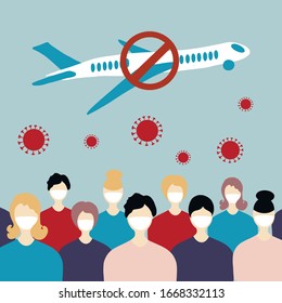 Coronavirus. Cancellation of flights due to coronavirus concept. Novel coronavirus 2019-nCoV, people in white medical face mask and crossed out airplane