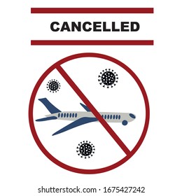 Coronavirus. Annullierung von Flügen aufgrund des Coronavirus-Konzepts. Novel coronavirus 2019-nCoV, rotes Schild, durchgestrichenes Flugzeugmuster