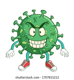 coronavirus cartoon character with funny evil smile expression