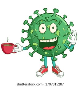 Coronavirus cartoon character holding a cup of coffee with ok hand sign and funny smile face