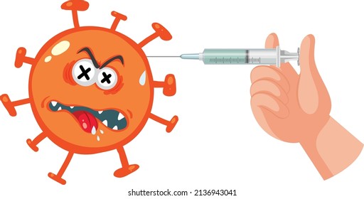 Coronavirus cartoon character with syringe illustration