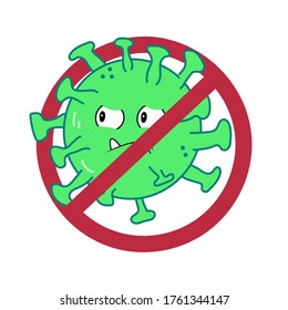 Coronavirus cartoon character vector illustration. Stop sign for corona virus, covid-19 with cute angry bacteria
