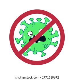 Dibujo vectorial del personaje de la caricatura de Coronavirus. Señal de fin de tachado para el virus de la corona, covid-19 con una linda mascota monstruo enojada