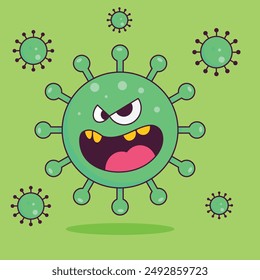 Coronavirus cartoon character. Vector illustration isolated on green background. 