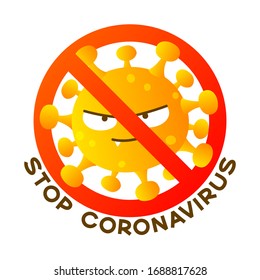 Caricatura de Coronavirus caricatura malvada con signo de detención aislado en fondo blanco