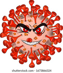 coronavirus cartoon with an evil face disease red pneumonia symbol icon print vector illustration 