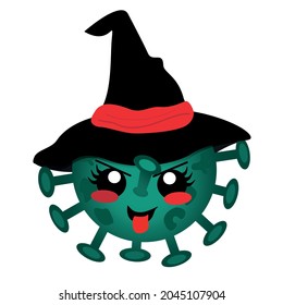 Coronavirus cartoon with witch hat in kawaii style. vector