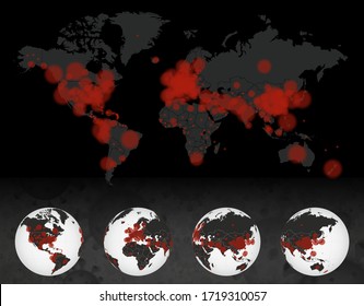 Coronavirus cases on dark World Map. Earth globe with COVID-19 disease case. 4 side of earth.