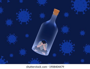 Coronavirus Cause Depression And Anxiety. The Man Locked In The Bottle Covered His Face With His Hands In Pandemic Situation