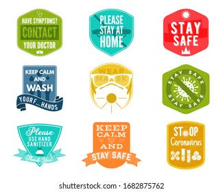 Coronavirus caution badges collection. Covid-2019 stay safe advice labels. Wash hands, wear the mask and other. Stock vector isolated
