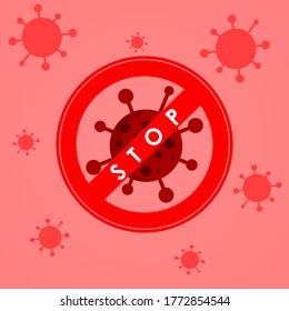 Signo de precaución de Coronavirus. Detén el coronavirus. Brote de coronavirus. Peligro del coronavirus y riesgo de salud pública por enfermedad y brote de gripe. Concepto médico de pandemia con células peligrosas.Ilustración vectorial