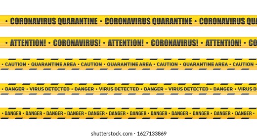 Coronavirus Caution and warning tape. Set of Seamless tapes hazard quarantine. Epidemic barrage lines. Vector Illustration isolated on white background.