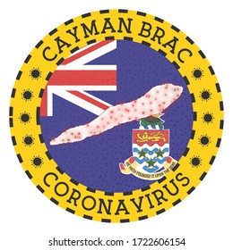 Coronavirus in Cayman Brac sign. Round badge with shape of Cayman Brac. Yellow island lock down emblem with title and virus signs. Vector illustration.