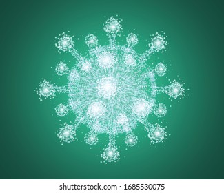 Coronavirus cell abstract design element. Made from many particles on dark turquoise background with neon effect. Novel Coronavirus 2019-nCoV. Virus Covid-19 NCP. Viral bacteria. Vector illustration