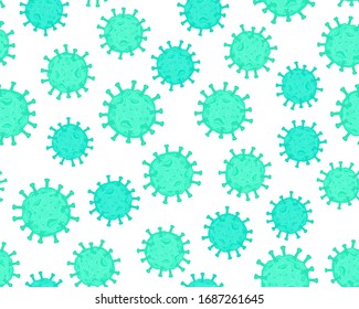 Coronavirus cell. Flu virus texture. Seamless pattern blue color isolated on white background. Vector hand drawn illustration. Wide backgrop design
