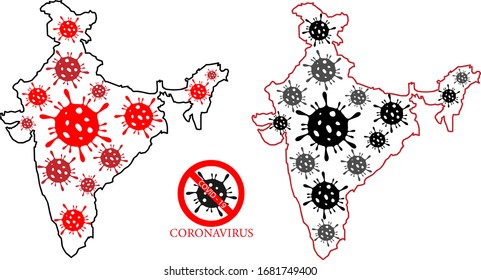 Coronavirus cell outbreak in India, icon, concept.COVID-19 virus on indian map vector illustration, logo.