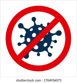 Coronavirus cell in prohibition sign. Vector flat, isolate on white background. 