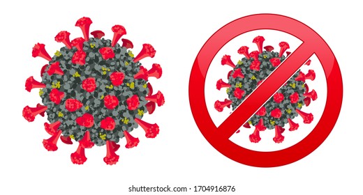 Coronavirus cell with red prohibit sign isolated on white background. Coronavirus detailed vector icon