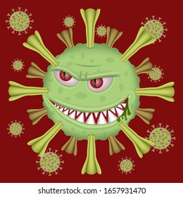 Celda de Coronavirus con cara aterradora y malvada. Ilustración vectorial gráfico de coronavirus aislado en fondo rojo. COVID-19, 2019-nCoV. Enfermedad del virus Wuhan. Ilustración de vectores de células de virus Corona.