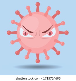 Coronavirus cell with scary and evil face. Illustration vector graphic of coronavirus isolated on red background. COVID-19, 2019-nCoV. Wuhan virus disease. Corona Virus Cell Vector Illustration.