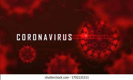 Coronavirus cell structure floating in blood on red background with sample text. Vector illustration