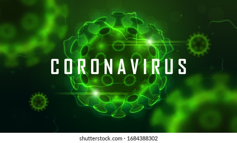 Coronavirus cell structure on green background with sample text. Vector illustration