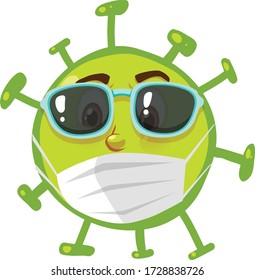 Coronavirus cell wearing mask and sunglasses illustration