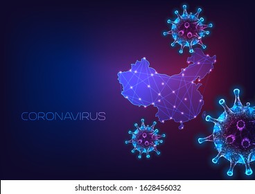 Coronavirus cells against map of China on dark blue to purple background. Viral infection outbreak. Modern wire frame mesh design vector illustration.