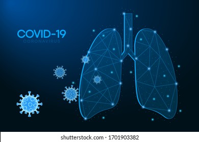 Coronavirus cells attack the human lungs. Covid-19 concept made by low polygonal wireframe mesh on blue background. 2019-nCoV illustration with lung. Respiratory system, medicine. Vector.