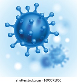 Coronavirus Cells or Bacteria Molecule. Virus COVID-19 Cell in Spherical Shape with Long Antennas. Abstract Illustration in Blue Tints on Blurred Background