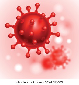 Coronavirus Cells or Bacteria Molecule. Virus COVID-19 Cell in Spherical Shape with Long Antennas. Abstract Illustration in Red Tints on Blurred Background