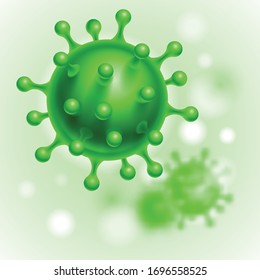 Células de coronavirus o bacterias Molécula. Virus COVID-19 Celda en forma esférica con antenas largas. Ilustración abstracta en tonos verdes sobre fondo borroso