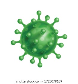 Coronavirus Cells or Bacteria Molecule. Virus COVID-19 Cell in Spherical Shape with Long Antennas. Abstract Illustration in Green Tints on White Background