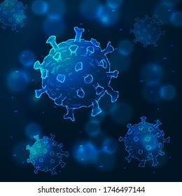 Coronavirus Cells or Bacteria Molecule. Virus COVID-19 Cell in Spherical Shape. Abstract Illustration in Blue Tints on blue dark background