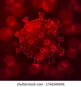 Coronavirus Cells or Bacteria Molecule. Virus COVID-19 Cell in Spherical Shape. Abstract Illustration in red Tints on blue dark background