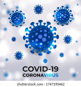 Coronavirus cells blue bacterial on a white medical vector background with typography. Covid19 blue colored viral cells. Corona virus, covid-19 realistic vector background.