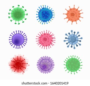 Coronavirus cells colorful set isolated on a white background, 2019-nCoV China pathogen respiratory coronavirus, SARS pandemic risk alert, vector illustration